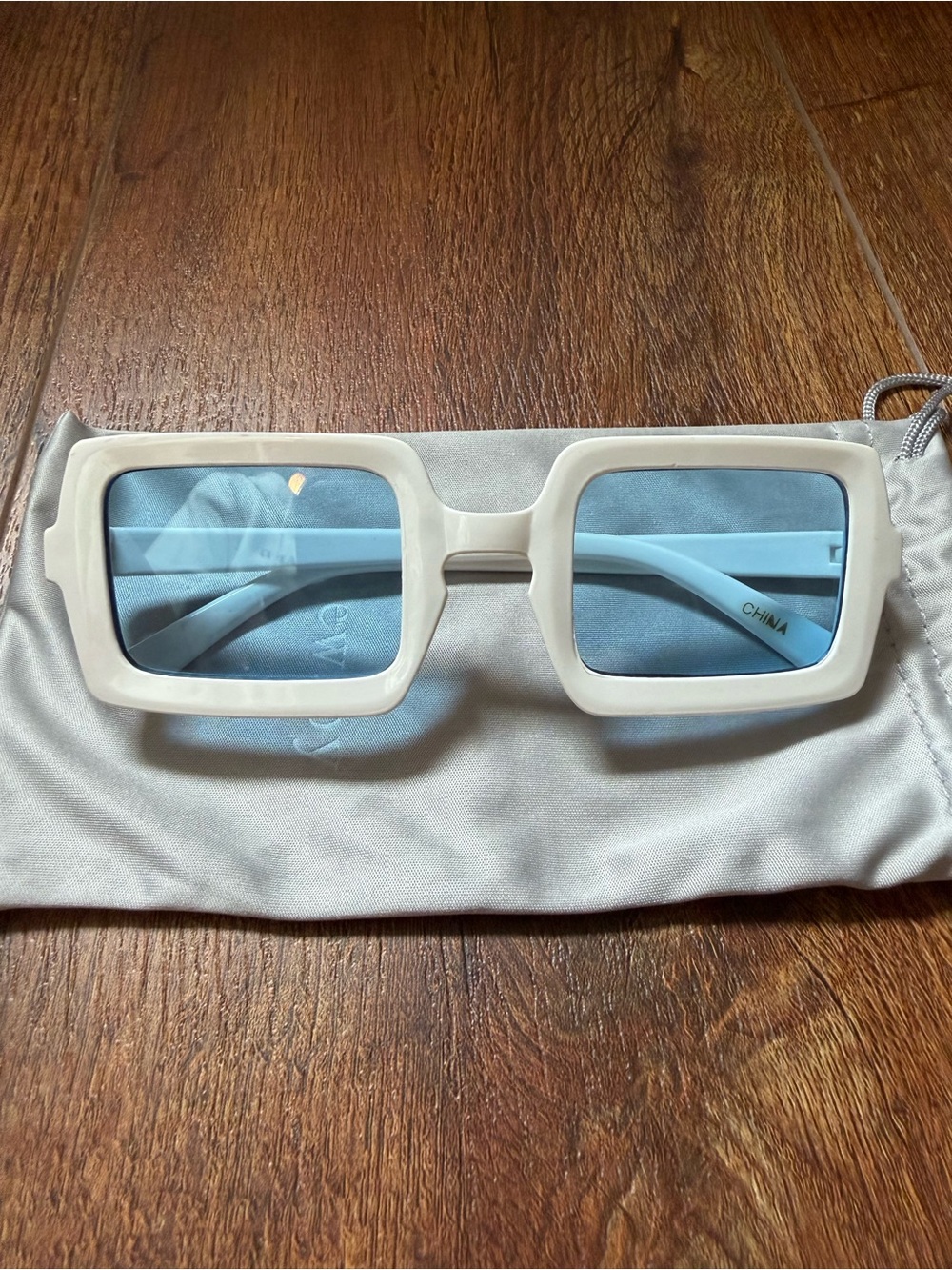 Cream Square Frame Sunglasses with Blue Lenses